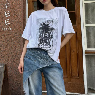 韓國東大門正品 春夏純棉 舒適 顯瘦 美式 寬鬆 個性塗鴉 長版 上衣 短T 