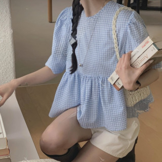 出清特惠!!!韓國東大門正品 春夏馬卡龍 減齡 格紋 遮肚寬鬆圓領泡泡袖短上衣 娃娃杉