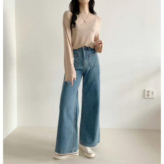 韓國東大門正品 超顯瘦 直筒寬褲闊腿雙口袋高腰鬆緊 大尺碼可 牛仔褲長褲