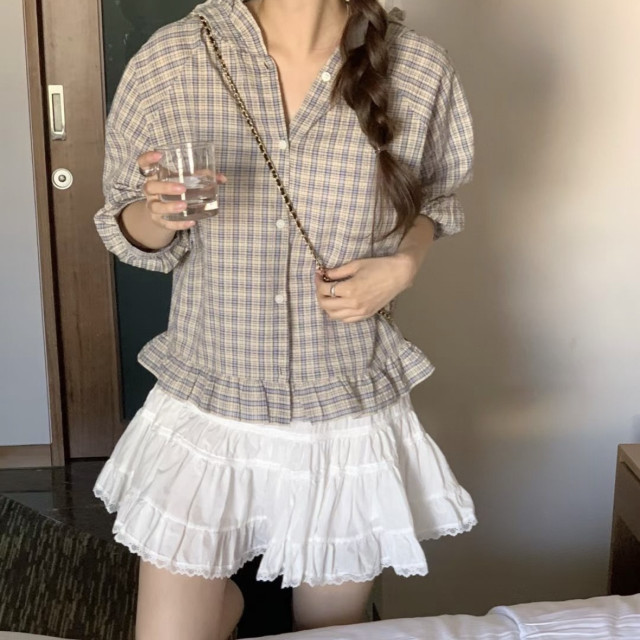 韓國東大門正品 春夏 清新可愛 撞色 格子 荷葉 連帽 襯衫 防曬 薄外套