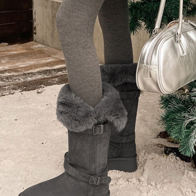 韓國東大門正品  UGG風格 毛絨皮草 暖暖 增高厚底 扣帶 中筒 長靴 雪靴 