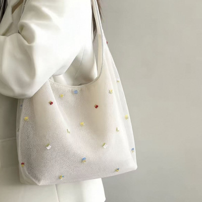 韓國東大門代購 文藝 大容量 網紗 帆布 休閒 刺繡 單肩包 托特包 