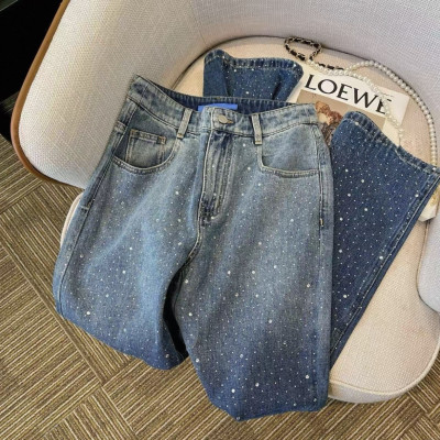 韓國東大門正品 璀璨滿天星 燙鑽漸層 直筒寬鬆 高腰顯瘦 闊腿牛仔褲 大尺碼可